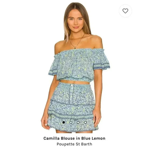 POUPETTE ST BARTH Camilla Off Shoulder Blouse, Size M/L, Blue Lemon $130 - Picture 3 of 6